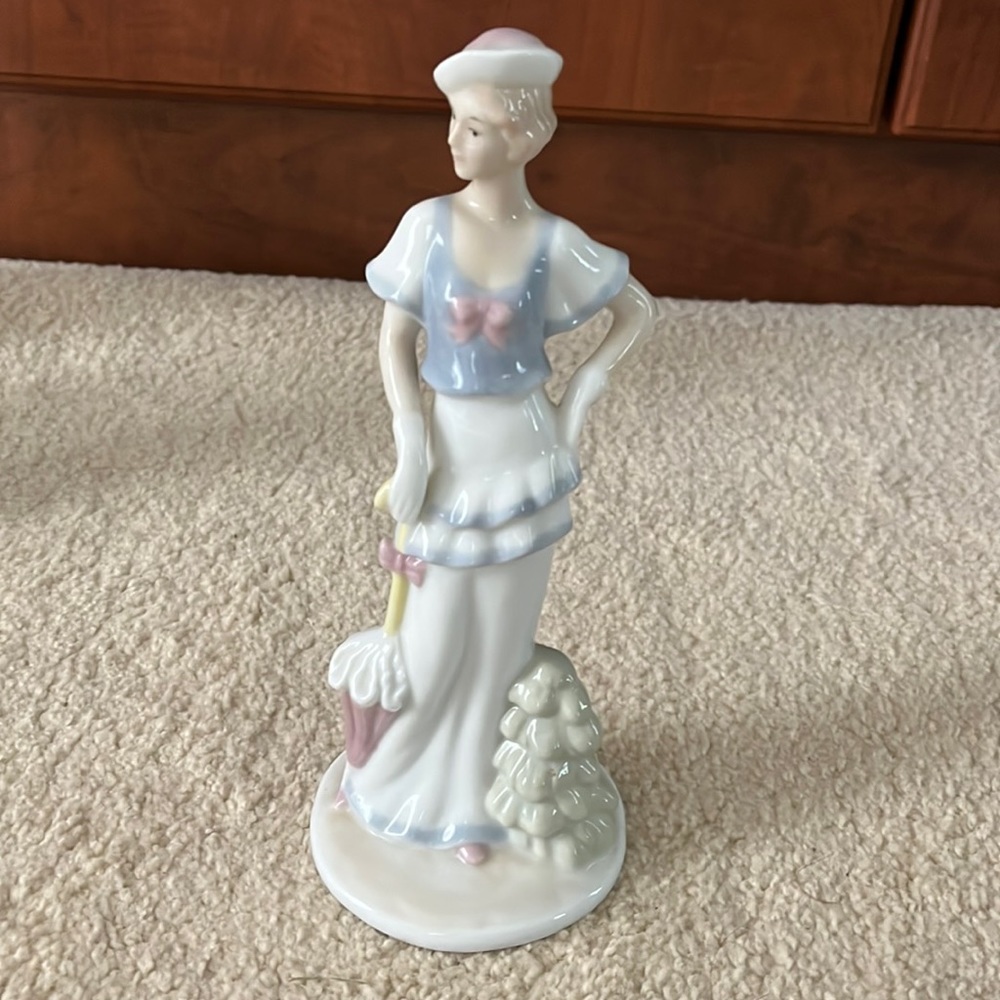 Vintage Porcelain Figurine- Woman w/ umbrella 20’s era clothing ✨